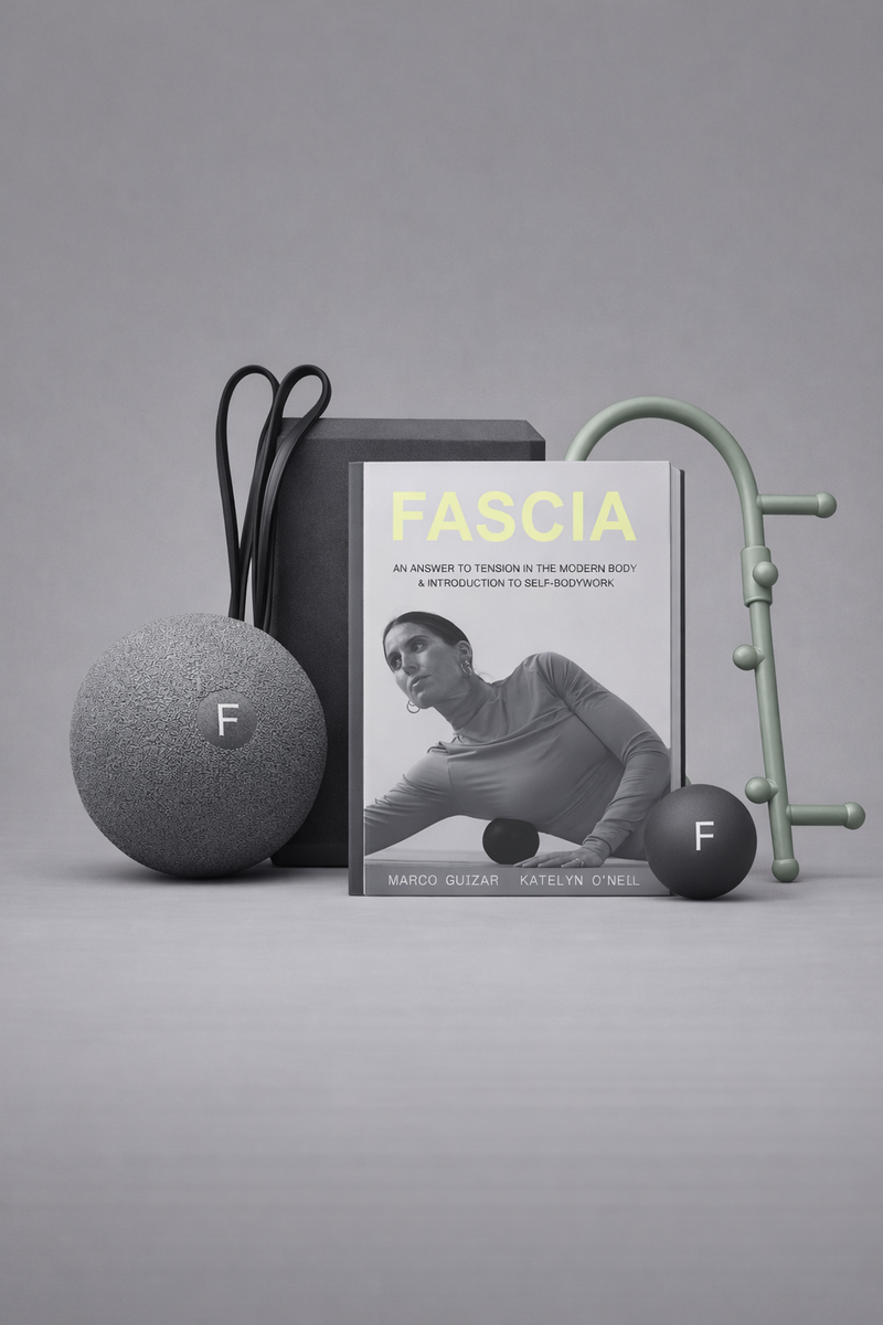 Fascia Reset bundle featuring self-bodywork tools and educational guide for fascia health.